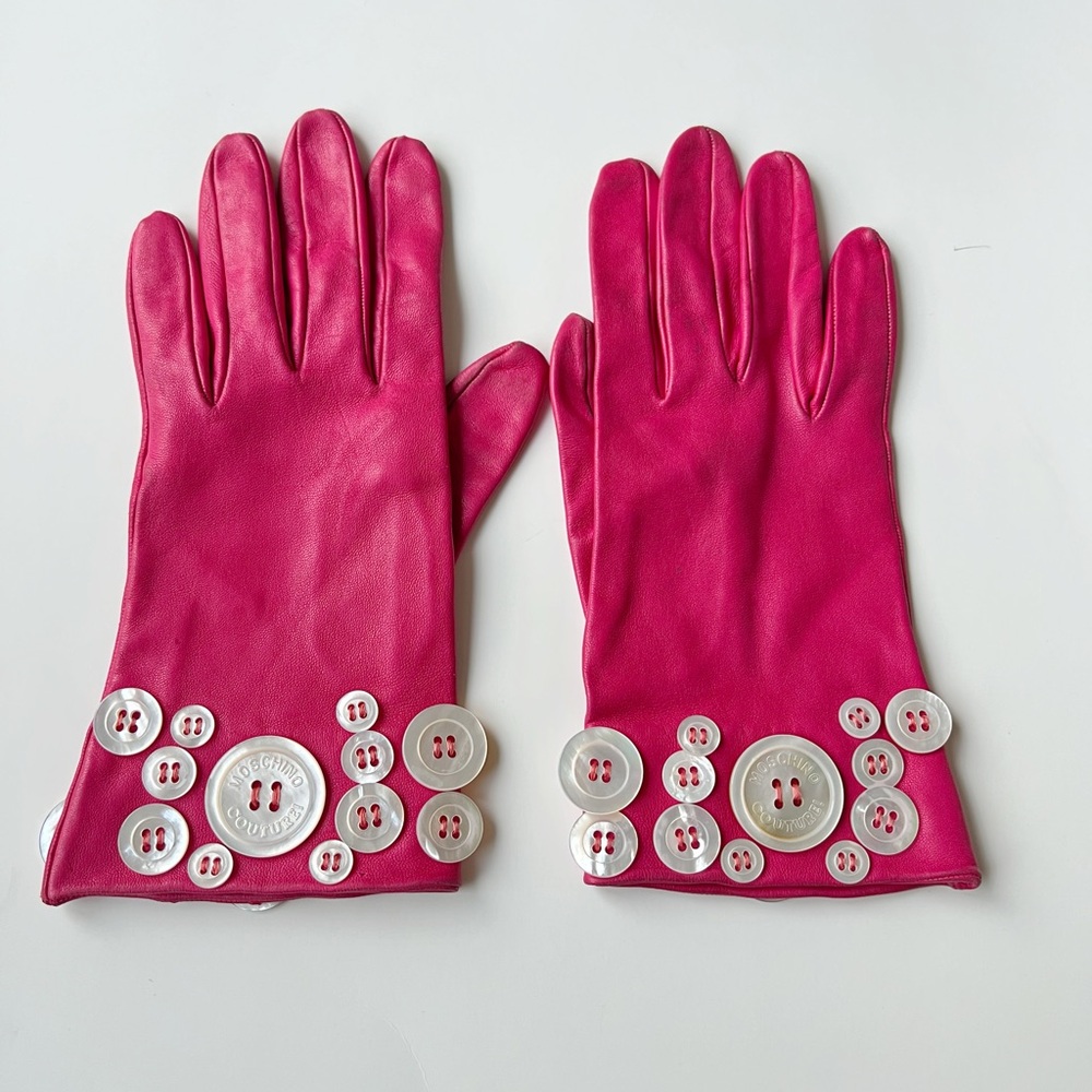 Moschino Couture pink leather button gloves 7